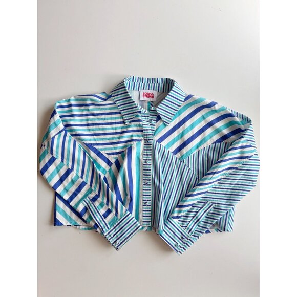 SOLID & STRIPED Emerson Blue Striped Poplin Cropped Button Down Shirt, Size S - Picture 3 of 13